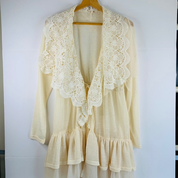 Ryu Sweaters - Ryu Vintage inspired Victorian Romantic ruffled lace boho cardigan ivory cream